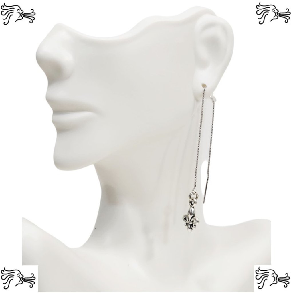 Threader Chain Earrings Fleur De Lis Charm Silver